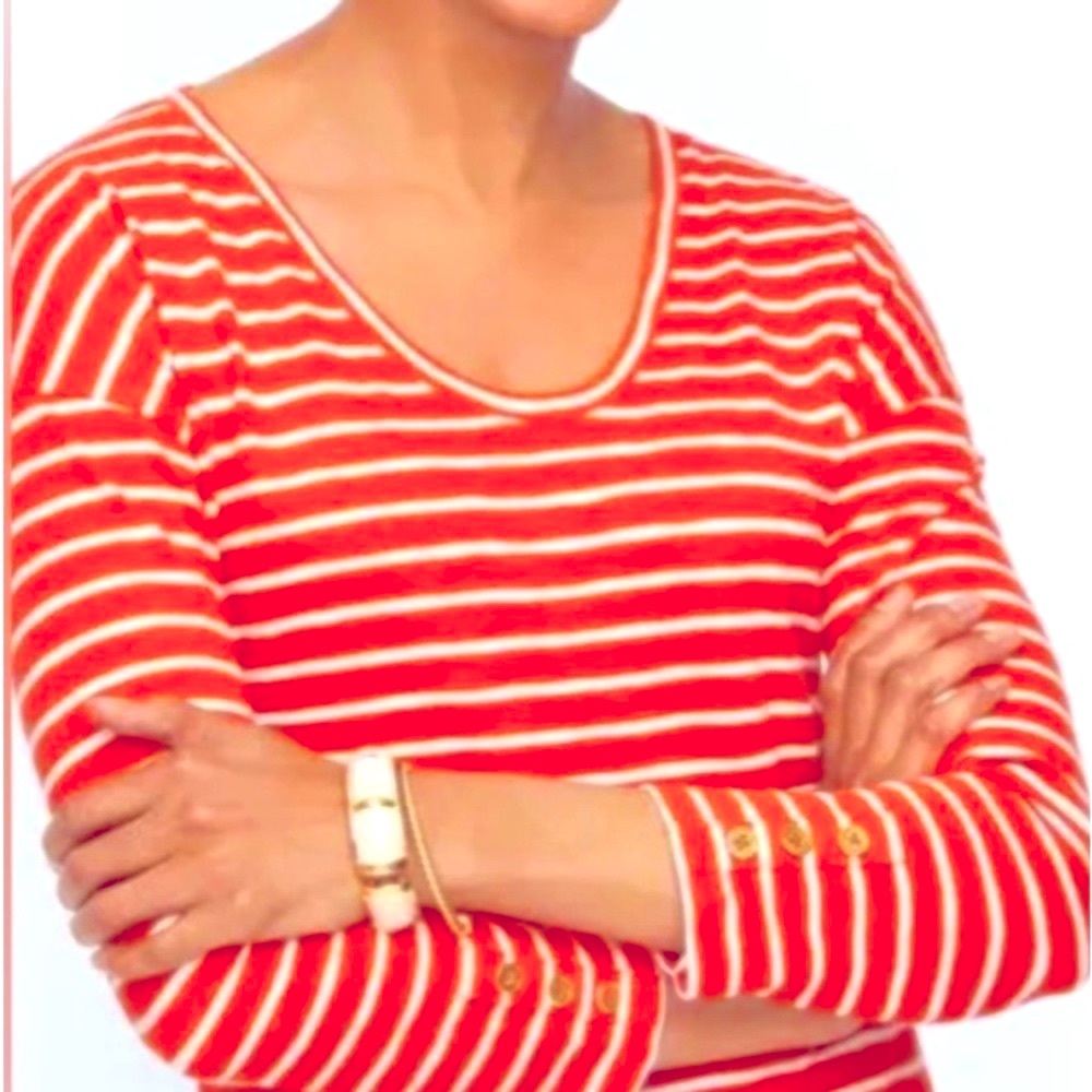 Talbots 3/4 sleeved striped top. Orange & white. Scoop neck. NWT! Size large